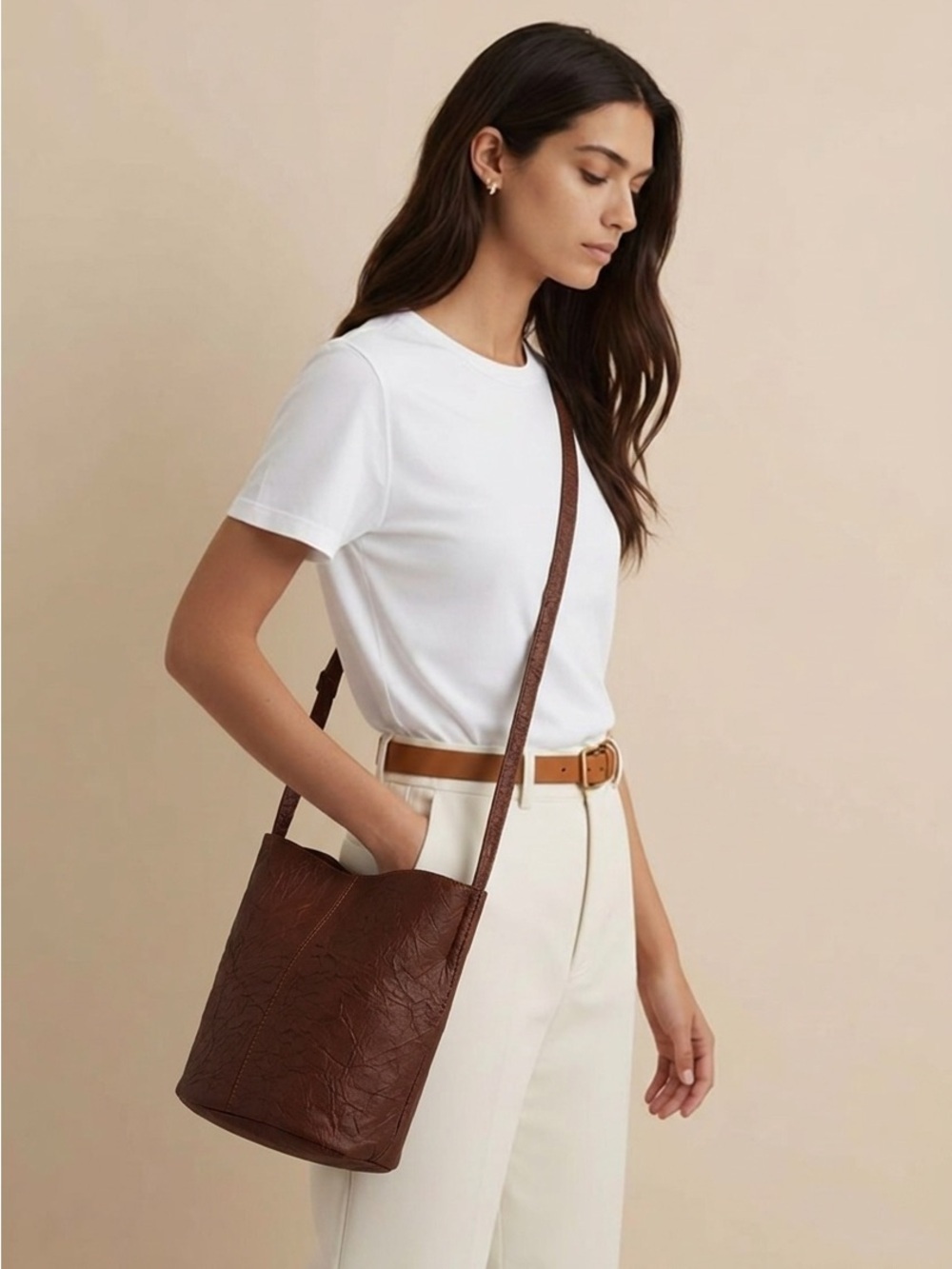 Brown Leather Bucket Crossbody Bag